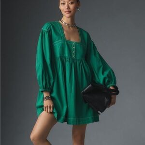 Anthropologie XL Long-Sleeve Kelly Green Square-Neck Denim Babydoll Mini Dress